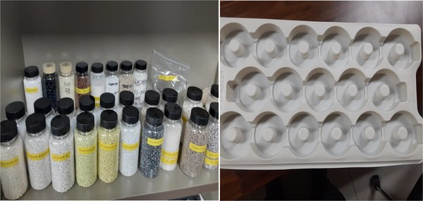 다양한 생분해 원료를 통해 펠릿 형태로 가공된 재료들(왼쪽)과 우유팩을 이용해 만든 바이오플라스틱 /사진=최용구 기자