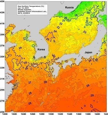 2021년 7월13일에 측정된 한국 인근 연안의 높아진 수온 상태 /자료출처=국립수산과학원
