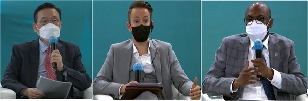 토론 패널로 참석한 손성환 인천광역시 GCF 협력 자문대사, Mark Buttigieg 주한영국대사관 참사관, Pa Ousman Jarju GCF 국가프로그래밍 국장(왼쪽부터) /사진제공=인천연구원