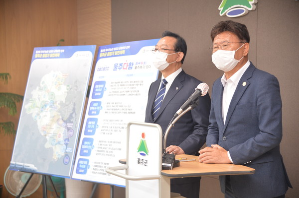 송철호 울산시장(왼쪽)과 이선호 울주군수가 지역 불균형 문제 해결을 위한 중장기 계획을 발표했다. / 사진제공=울주군