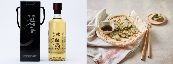 약재에서 우러나는 약주 신선주(왼쪽)과 깻잎 새우전 /사진제공=농촌진흥청