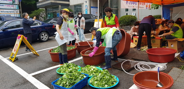 군포시 산본2동 지역사회보장협의체 위원들이 취약계층에 보낼 열무김치를 담그고 있다 /제공=군포시청 