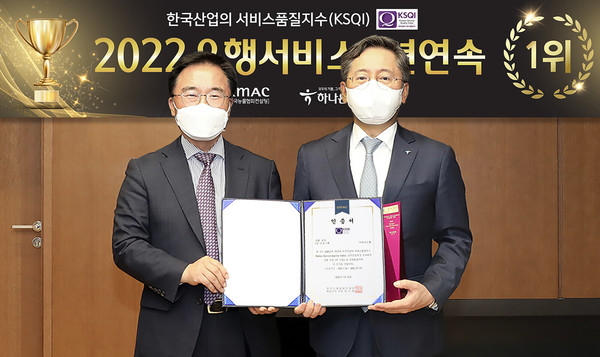 하나은행(은행장 박성호)은 한국능률협회컨설팅(KAMC) 주관 “2022 한국산업 서비스품질지수((KSQI: Korean Service Quality Index) 고객접점 부문에서 7년 연속 1위 은행에 선정되었다고 밝혔다. 하나은행 을지로 본점에서 열린 인증식에서 박성호 하나은행장(사진 오른쪽)과 한수희 한국능률협회컨설팅 대표이사 사장(왼쪽)이 인증서를 들고 기념촬영을 하고 있다./사진제공=하나은행