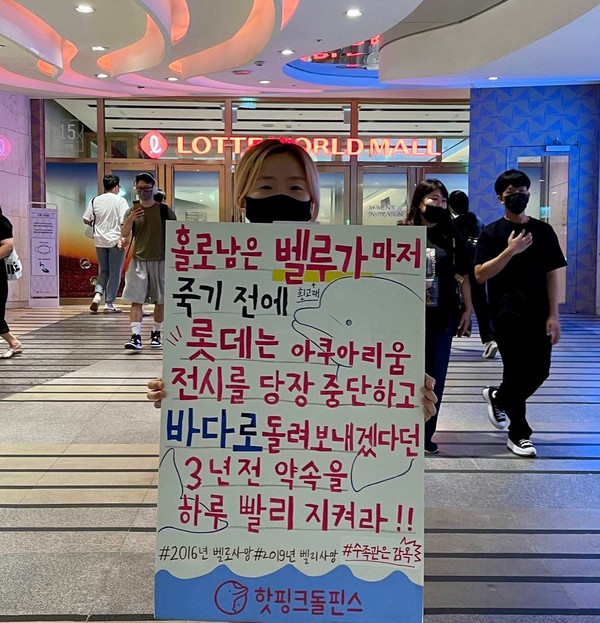 8월 18일 서울 잠실 롯데월드 아쿠아리움 앞에서 핫핑크돌핀스 회원들이 벨루가 벨라의 전시 중단과 바다쉼터 이송을 촉구하는 릴레이 1인행동을 시작했다. /사진제공=핫핑크돌핀스