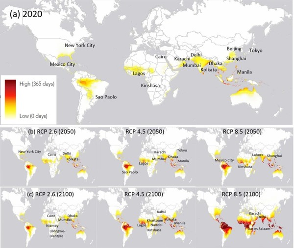 IPCC 제6차 보고서에서 공개된 2020년(a), 2050년(b), 2100년(c) 폭염으로 인한 고열 환경에 노출될 인구 예측 분석 /자료=IPCC 제6차 보고서 