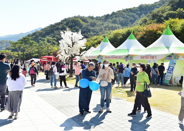 문경새재의 가을 정취와 짙고 아삭한 문경사과를 담아가기 위해 모여든 관광객들/사진 =문경시청