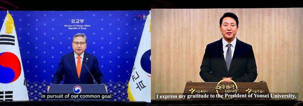 박진 외교부 장관(왼쪽)과 오세훈 서울시장이 영상으로 축사를 전했다. /사진=박준영 기자