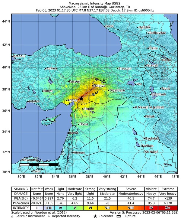미국 지질조사국(USGS)에서 발표한 튀르키예-시리아 대지진 진도 지도 /자료제공=미국 지질조사국