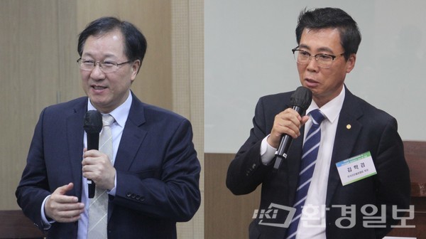 권영철 한국그린빌딩협의회 회장(왼쪽)은 그린리모델링 사업자들의 제정적 자립과 협회의 상업화 방향을 고려해야 한다고 조언하고 김학겸 한국리모델링협회 회장은 각 협회가 서로 지지하고 협력해 국가정책에 이바지 할 수 있을것이라고 조언했다. /사진=박준영 기자