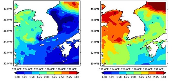 중미래 – 현재의 해수면온도 변화(℃) 분포(좌 SSP1-2.6, 우 SSP5-8.5) /자료제공=기상청