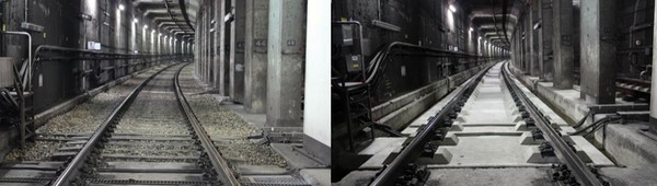 자갈 철로(왼쪽)를 콘크리트 도상으로 개량해 미세먼지를 줄인다. /사진제공=서울시