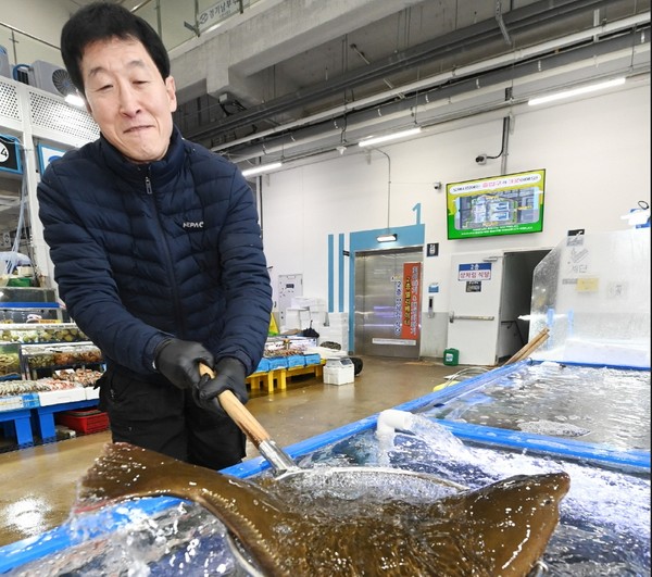 수산동에서 일하는 상인이 활어를 건지고 있다 /사진제공=수원시