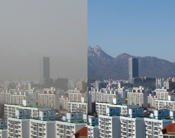 지난 13일 중국에서 대량 유입된 황사와 미세먼지로 평소(오른쪽)보다 눈에 띄게 공기가 탁해진 서울 도심(왼쪽)의 모습 /사진=김인성 기자