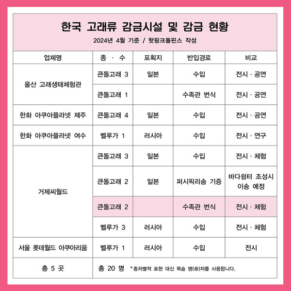 우리나라의 수족관 고래류 현황 /자료제공=핫핑크돌핀스