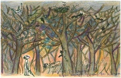 숲 생태와 해양을 주제로 강연에 나선 김경래 국립 강릉원주대 교수가 공개한 '새와 동물이 숲속에 모여 있는 그림' /사진=박선영 기자