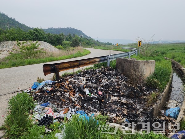 영암군 미암면 남산리 농경지 도로변에 불법 소각된 현장 /사진=박인석 기자