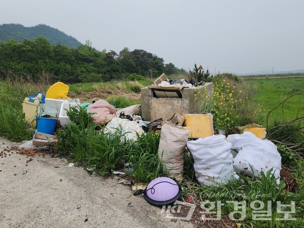 영암군 미암면 남산리 농경지 도로변에 불법 투기된 폐기물 /사진=박인석 기자