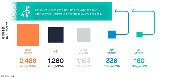 일본의 석탄 발전(검은색)과 암모니아 혼소발전이 전과정에서 내뿜는 온실 가스 비교. 그레이 암모니아 경우 배출량이 석탄과 비슷하다. /트렌지션제로 제공