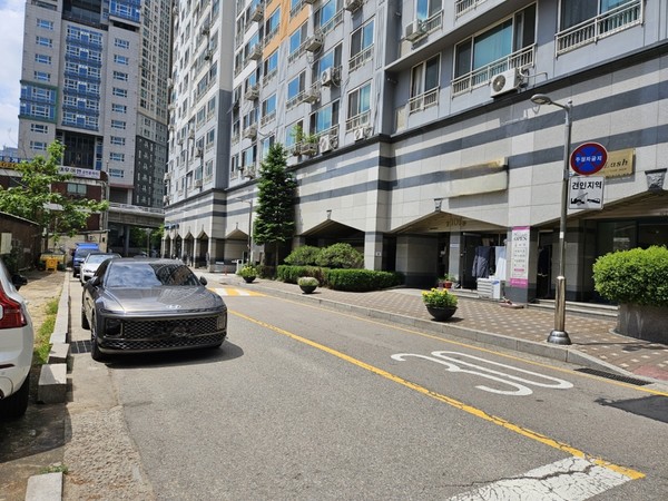 주정차금지지역에서 여러대의 차량이 불법으로 차를 주차해 빗물받이 청소를 방해하고 있다. /사진=환경일보DB