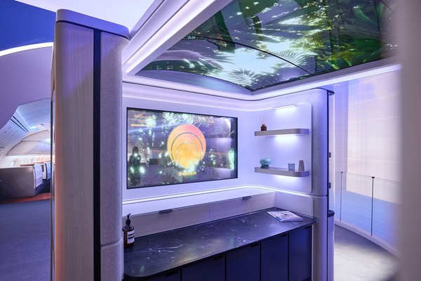 LG디스플레이의 항공용 OLED가 설치된 보잉 스마트 캐빈 부스. 커브드 및 투명 OLED 패널 /사진제공=LG디스플레이