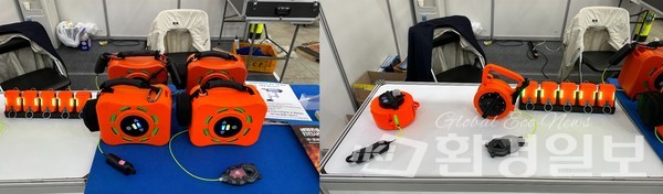 (주)포비드림 부스에 인명구조 경보기, 수중용 라이트라인, 개인용 라이트라인, 대원 위치 추적기(왼쪽부터) 제품들이 전시돼 있다.  /사진=박준영 기자