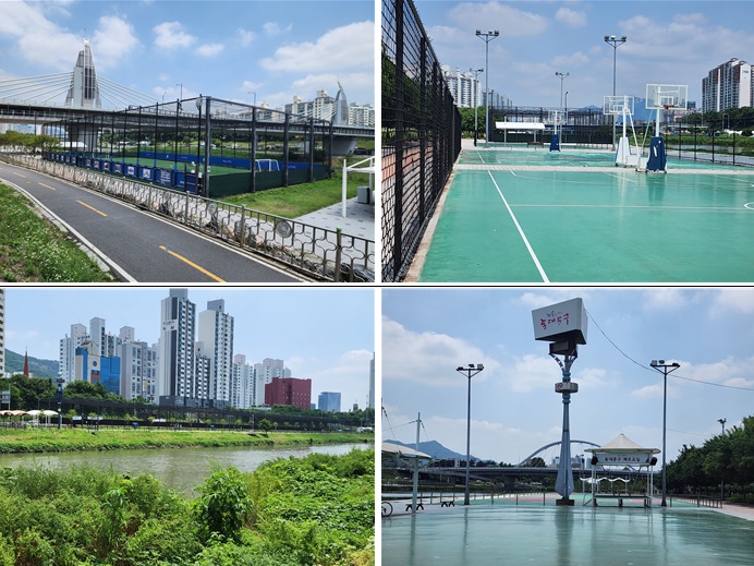 [자료5] 중랑천 변에 무분별하게 들어선 체육시설을 비롯한 다양한 인공시설. 모두 홍수 시 홍수 소통에 큰 지장을 초래할 수 있는 구조물들이다. /사진=이창석 교수