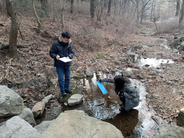 계양산 솔숲 위 계곡 모니터링단 조사 모습 /사진젝공=인천녹색연합