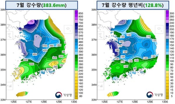 2024년 7월 강수량 및 평년비 분포도 /자료제공=기상청