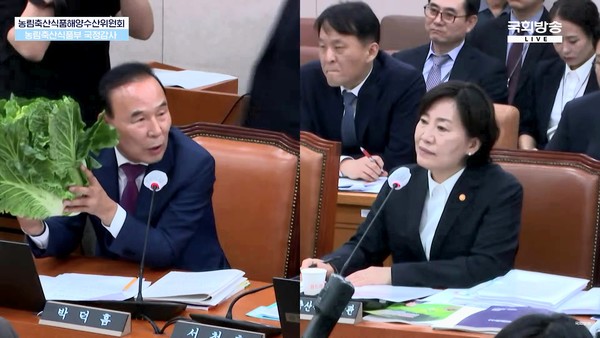 박덕흠 국민의힘 의원이 7일 오전 열린 국정감사에서 송미령 농림축산식품부 장관에게 추석 이후에도 여전히 상승 중인 농산물 가격에 대해 농식품부 대책이 잘못된 것 아닌지 묻고 있다. /사진=환경일보DB