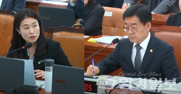 관측 공백을 메우기 위한 추가 설치가 필수인데도 불구하고, 지난 5년간 16대 늘리는 데에 그친 점에 대해 지적하는 김소희 의원(왼쪽)과 장동언 기상청장(오른쪽)