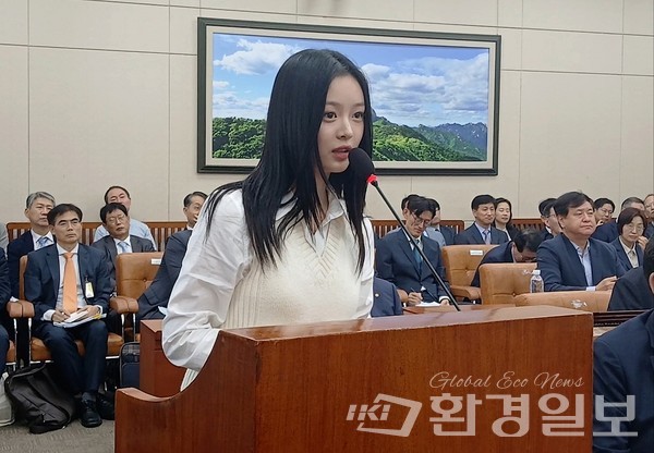 국회 환노위에서 직장 내 괴롭힘에 대해 참고인으로 참석해 진술하고 있는 걸그룹 뉴진스 멤버 하니 / 사진=김인성 기자