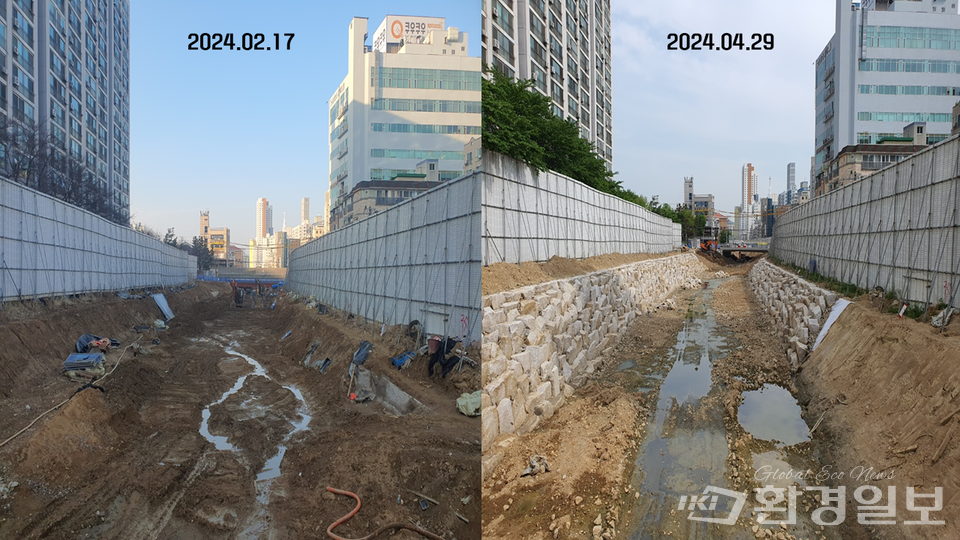 2024년 2월 공사현장(왼쪽)과 4월 공사현장