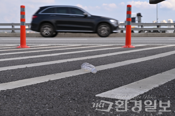 원효대교 대로 위에 버려진 플라스틱병 /사진=박준엽 인턴기자