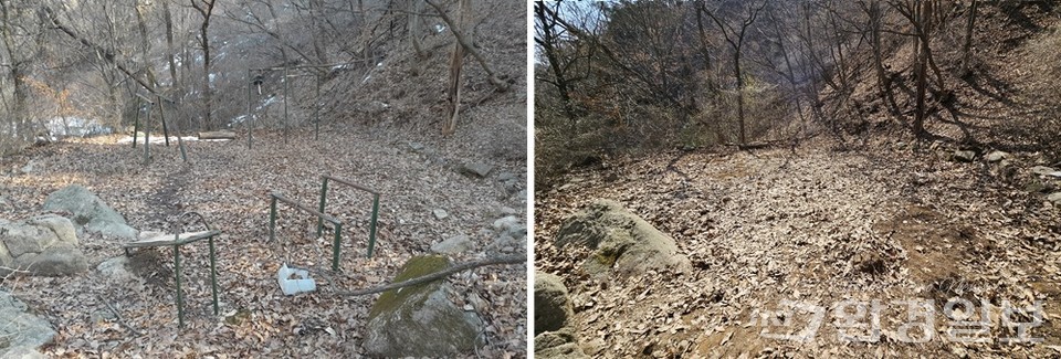 생활체육시설 철거 전(왼쪽)과 후의 모습 /사진제공=북한산국립공원