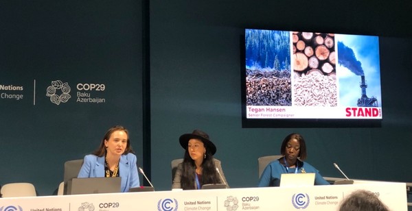 COP29에서 보고서를 발표하는 북미 환경단체 스탠드어스의 테이건 한센 선임캠페이너(왼쪽) /사진제공=기후솔루션
