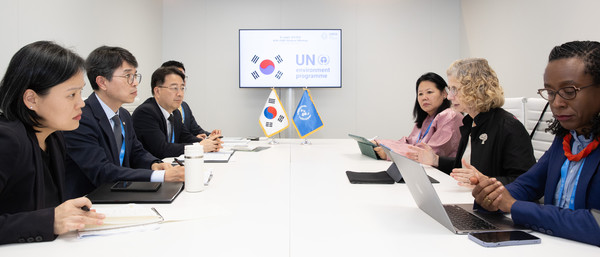 김완섭 환경부장관이 20일(현지시간) 아제르바이잔 바쿠 유엔기후변화협약당사국총회(COP29) 한국사무소에서 잉거 안데르센(Inger Andersen) UNEP 사무총장과 만나 플라스틱 협약과 2025년 세계 환경의 날에 대해 논의하고 있다. /사진=환경부