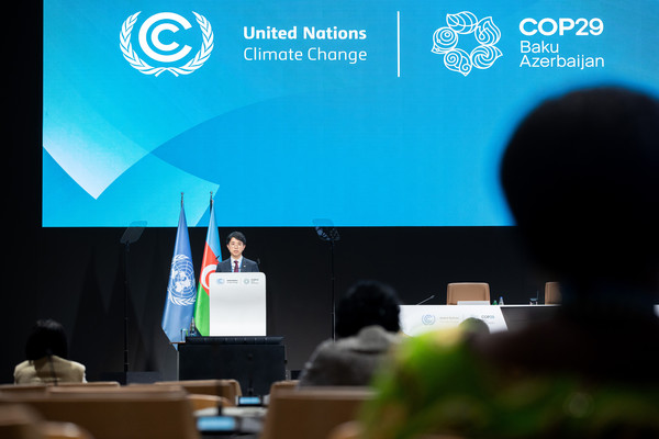 김완섭 환경부장관이 19일(현지시간) 아제르바이잔 바쿠에서 열린 유엔기후변화협약당사국총회(COP29) 고위급회의에 참석하여 기조연설을 하고 있다. /사진=환경부