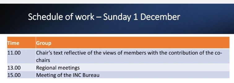 INC-5 공식회의 마지막 날 청년대표단에게 발송된 일정표 /자료출처=UNEP