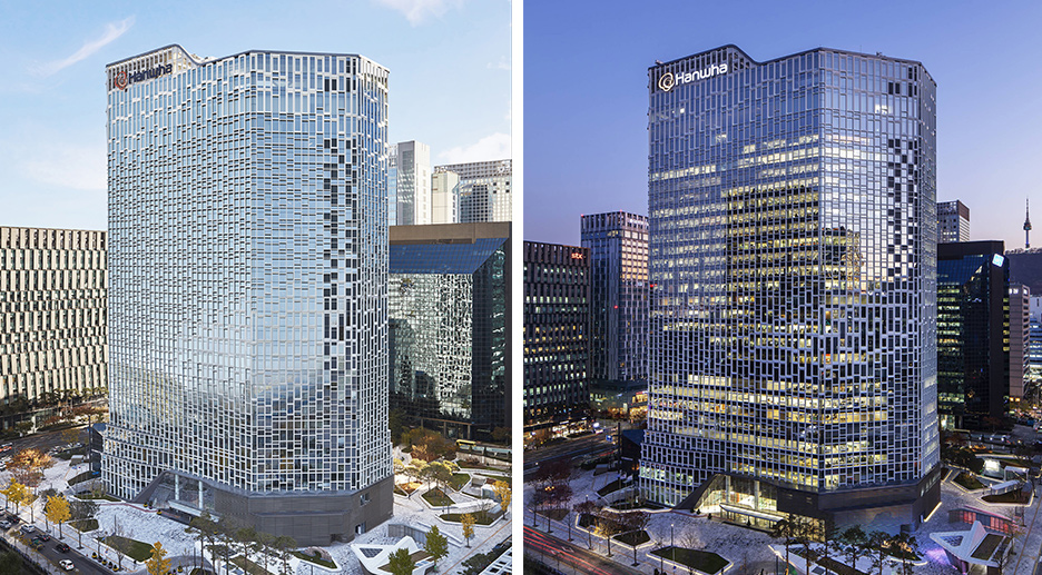 한화빌딩 전경(왼쪽)과 야경 /사진출처=한화그룹