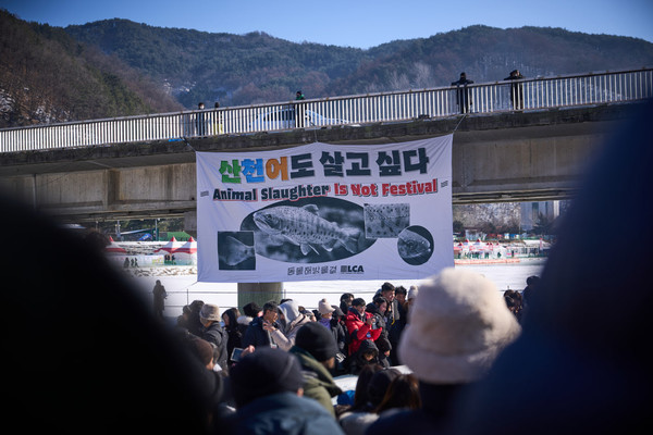 현수막은 맨손잡기 체험이 진행되는 도중에 펼쳐졌다. 이를 목격한 시민들은 당황한 기색을 보이기도 했다.