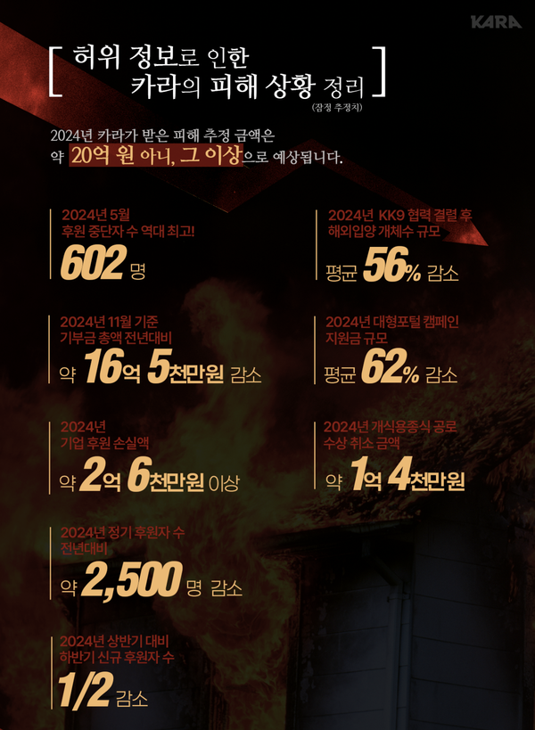 이번 의혹 제기는 카라에 적지 않은 피해를 남겼다. 후원금이 약 20% 줄었으며, 일부 기업 및 대형 포털과의 협업이 중단됐다. /자료출처=동물행동권 카라