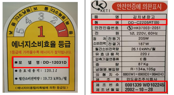 모델명으로 김치냉장고가 리콜 대상인지 확인한다./자료제공=한국소비자원