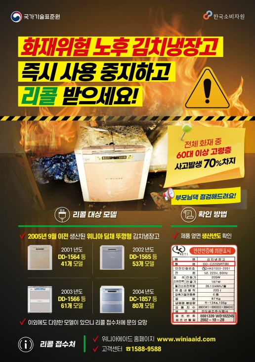 소비자원과 국표원이 (주)위니아 딤채 김치냉장고 리콜 홍보를 위한 포스터를 제작해 배포 중이다./자료제공=한국소비자원