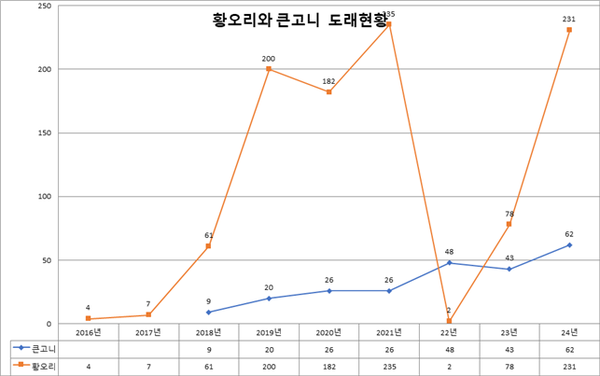 2024년 황오리와 큰고니 도래현황 변화 /자료제공=세종환경운동연합