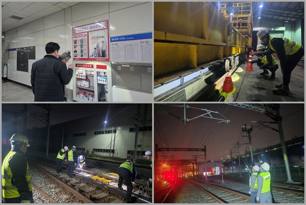 승객구호 장비함 구축상태 점검, 궤도모터카(트로이) 점검, 전력설비(전차선 점검), 분기기 가드레일 교체작업 점검(시계방향) /사진제공=네오트랜스㈜