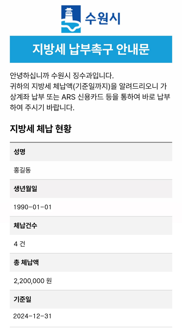지방세 체납안내 전자고지 안 /자료제공=수원시