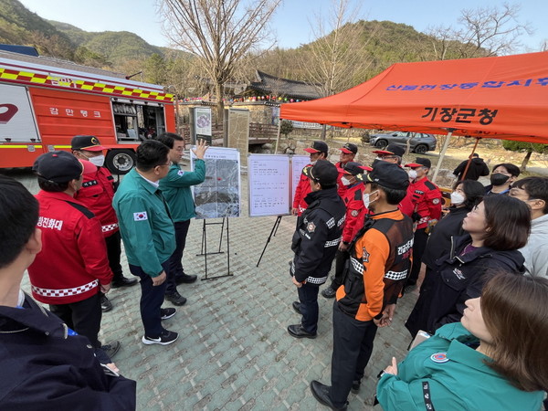 군은 산불이 기장군 경계 지역으로 확산됨에 따라 산불 대응에 적극 나섰다. /사진제공=기장군