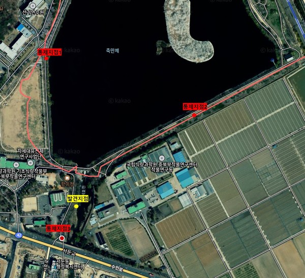 AI 확진된 민물가마우지 폐사체 발견 지점 /사진제공=수원시