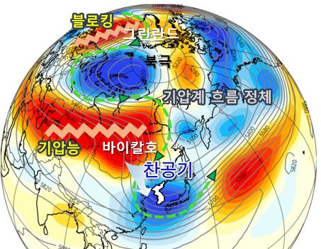 16~19일 상층(500hPa) 지위고도 편차 분포도 /자료제공=기상청