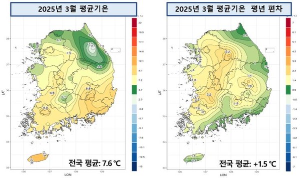 2025년 3월 전국 평균기온(좌) 및 평년 대비 편차(우) 분포도 /자료제공=기상청